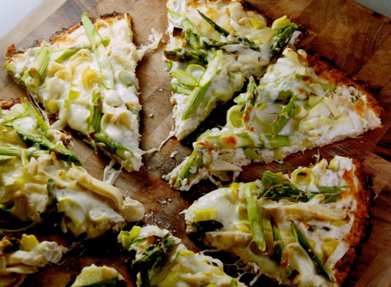 Spring Veggie White Pizza with Cauliflower Crust Recipe