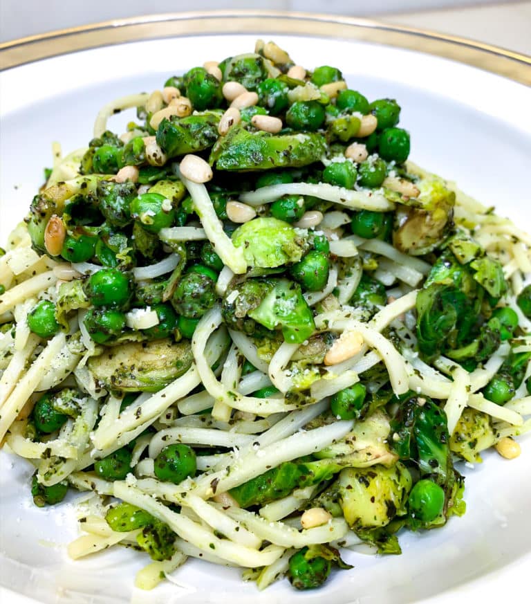 Peas, Pesto + Brussels Sprouts Pasta Recipe