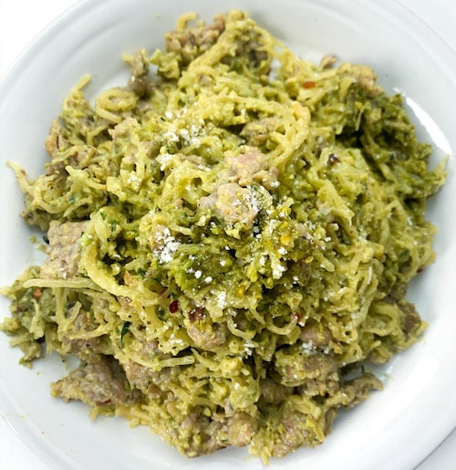 Pistachio Pesto Spaghetti Squash with Chicken Sausage + Goat Cheese Recipe