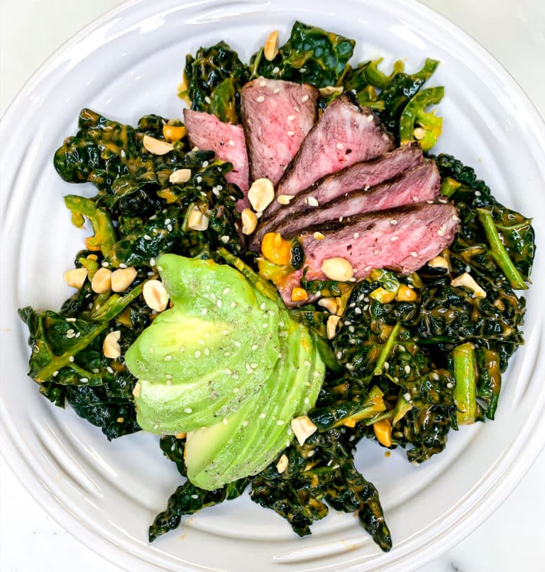 Kale + Seared Steak Salad with Peanut Dressing Recipe