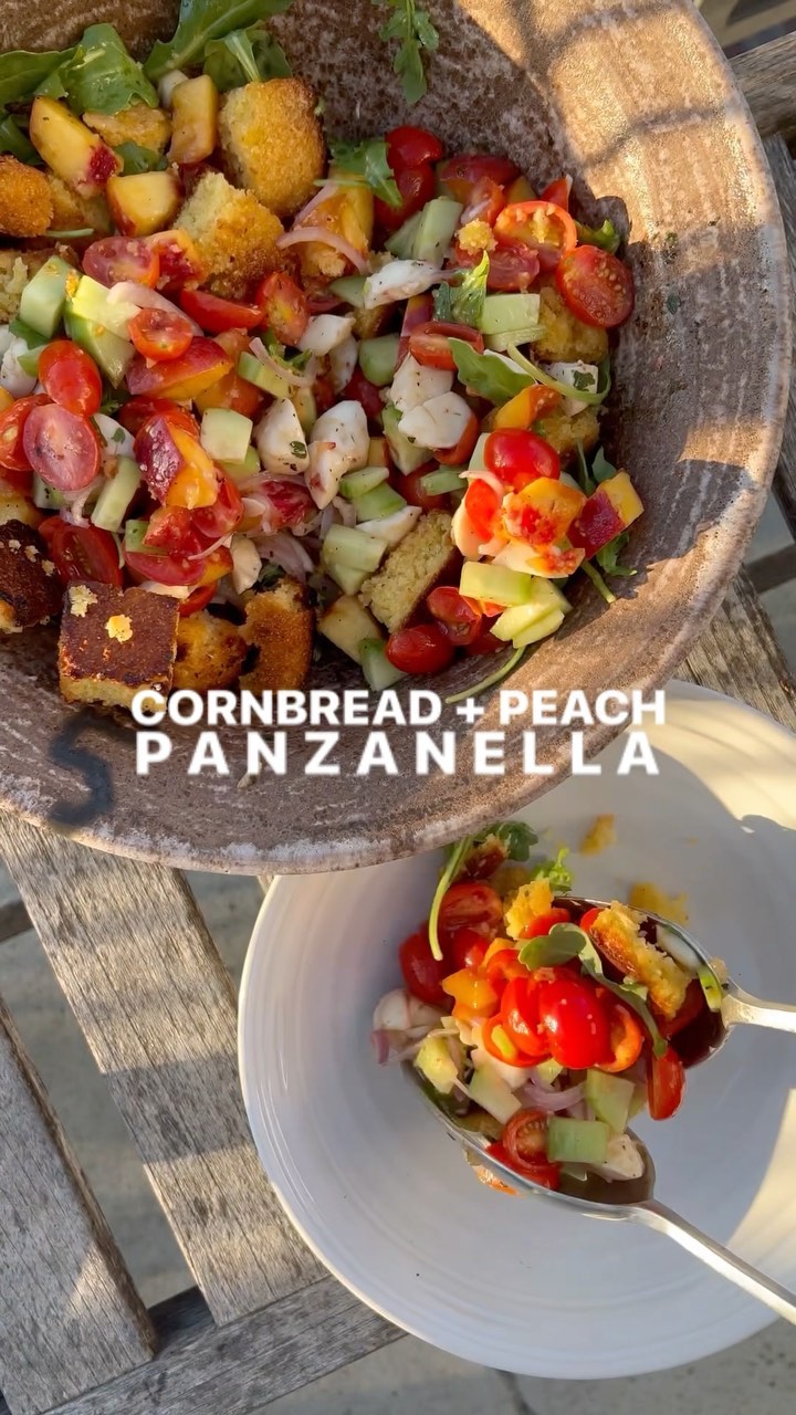 CORNBREAD & PEACH PANZANELLA 🍑 don’t mind me still savoring stone fruit season over here! gimme allll the peaches while they’re prime. they shine in my cornbread panzanella, which is just an Italian salad with fresh veggies and stale bread or croutons.

CORNBREAD & PEACH PANZANELLA
Serves 3-4 as a side

1 box cornbread mix (check box for additional ingredients needed)
1 pint cherry tomatoes, halved
1/2 hothouse cucumber, peeled and diced
2 peaches, diced
1 shallot, thinly sliced
1 8oz. container herbed/seasoned mozzarella balls, quartered (can sub plain)
Handful of arugula 

—tomato balsamic vinaigrette—
2 cloves garlic, minced
1 tbsp. honey
2 tbsp. balsamic vinegar
Juices from cut cherry tomatoes
1/2 tsp. dried thyme
1/2 tsp. salt
1/2 tsp. pepper
1/4 cup of olive oil

1. Start by making your cornbread according to package directions. Let cool completely.
2. While cornbread bakes, slice cherry tomatoes and place them into a colander over a bowl. Sprinkle the tomatoes with kosher salt and let sit for at least 30 minutes while their juices drain into the bowl.
3. In your serving bowl, add cucumber, peaches, shallot and mozzarella balls. 
4. Add tomatoes to salad and use bowl of juices for making your vinaigrette. Add vinaigrette ingredients to bowl, whisking in oil. You might want to add more oil based on your preference!
5. Cut cooled cornbread into 1” squares and place onto baking sheet. Spray with cooking spray and put under broiler for 2-3 minutes or until golden brown. Toss gently and repeat once more.
6. Add cornbread “croutons” to your serving bowl then top with arugula.
7. Drizzle with vinaigrette, toss gently and serve!

#panzanella #cornbread #cornbreadpanzanella #summersalads #easyrecipes #peachseason