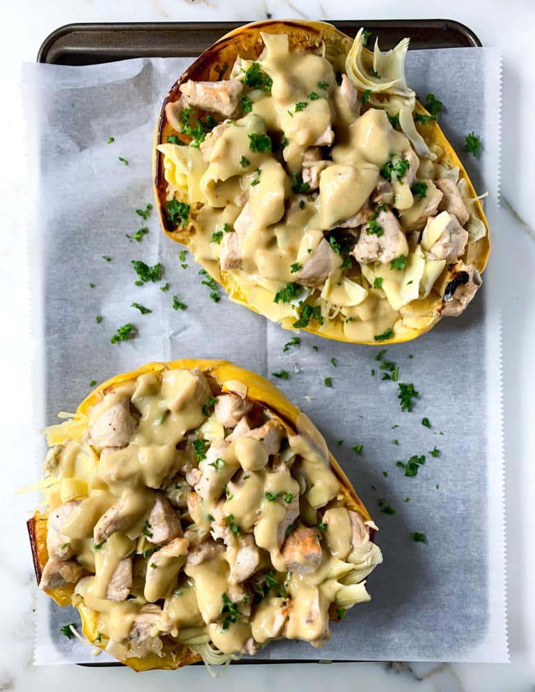 Chicken Artichoke Alfredo Spaghetti Squash Bowls Recipe