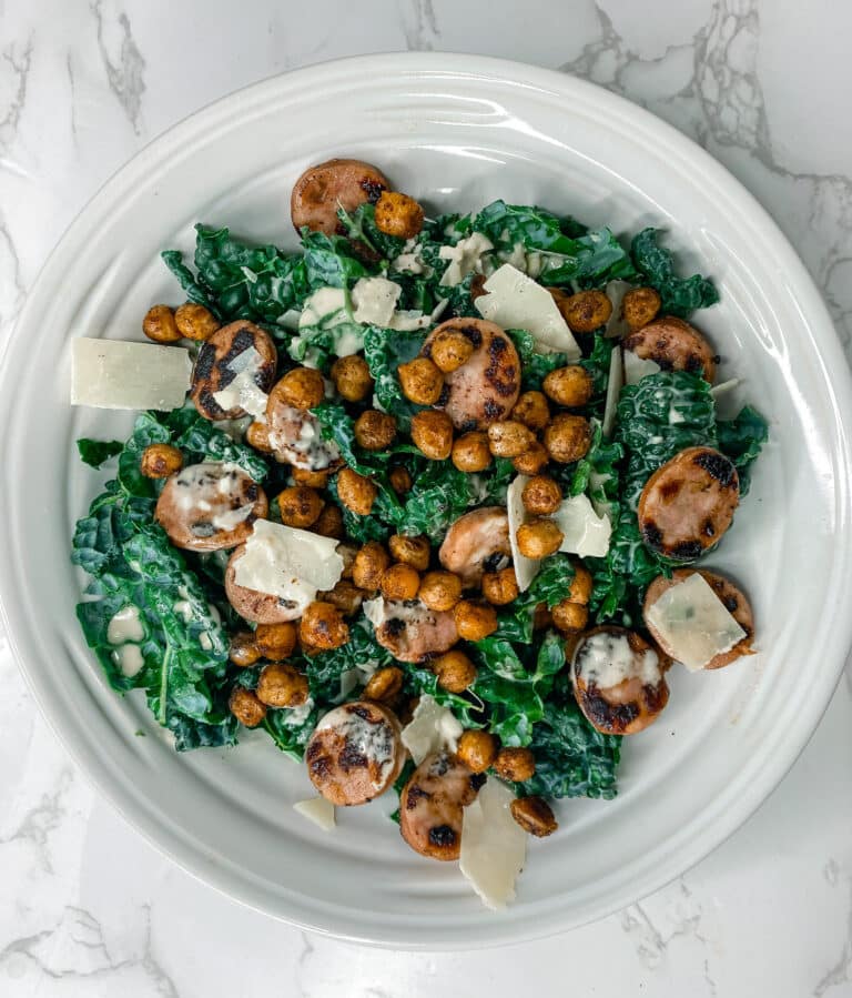 Creamy Tahini Kale Salad with Chicken Sausage & Crunchy Chickpeas Recipe