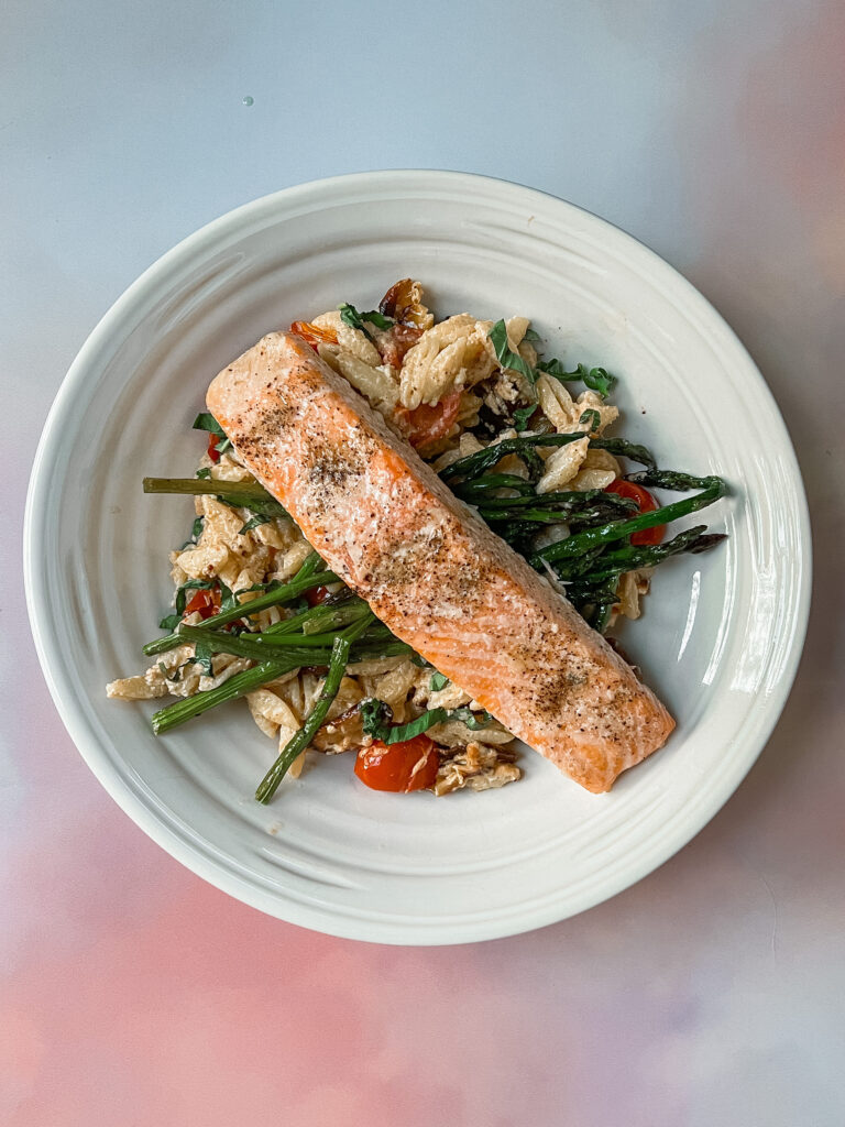 Sheet Pan Salmon with Baked Feta Garlic Pasta