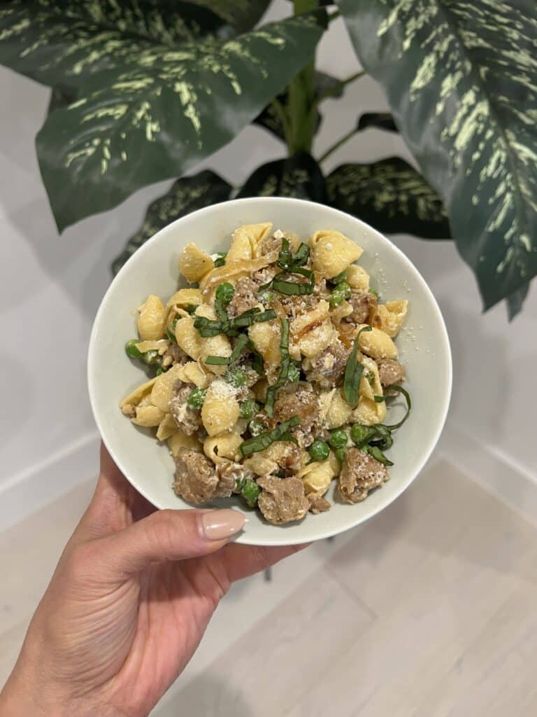 5 Ingredient Creamy Sausage, Pea, and Caramelized Onion Pasta Recipe