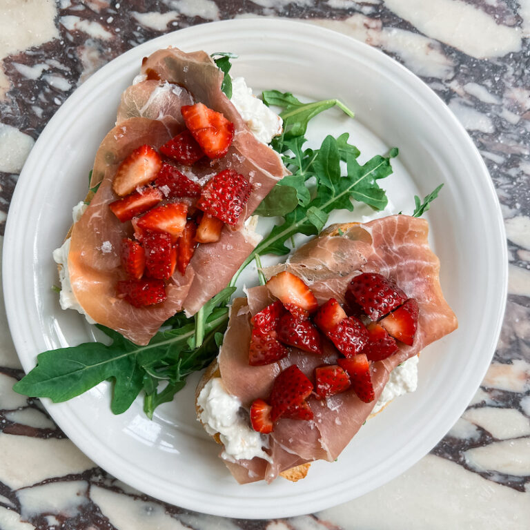 Quick Prosciutto & Burrata Toasts with Balsamic Strawberries